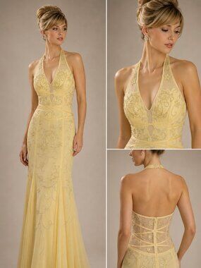 Cache Butter Yellow Beaded Mermaid Halter Dress, size M (6)